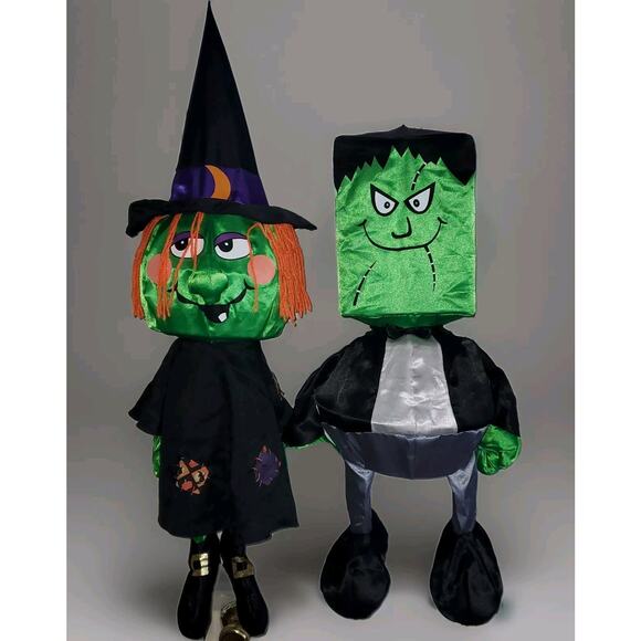 Lot Of 2 Gemmy Collapsible Spring Frankenstein & Witch Windsock Halloween Decor - Picture 1 of 6